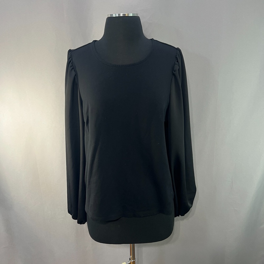 Nine West Blouse Top Womens Large Black Stretch Puff Sleeve Relaxed Fit Party